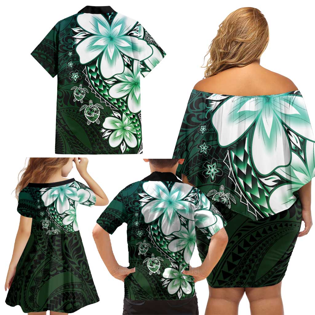 Polynesia Romantic Valentine Family Matching Off Shoulder Short Dress and Hawaiian Shirt Sea Turtle Couple With Aqua Gradient Plumeria LT05 - Polynesian Pride