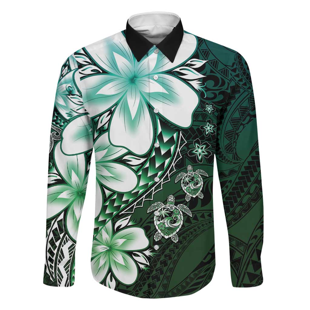 Polynesia Romantic Valentine Family Matching Off Shoulder Short Dress and Hawaiian Shirt Sea Turtle Couple With Aqua Gradient Plumeria LT05 Dad's Shirt - Long Sleeve Aqua - Polynesian Pride