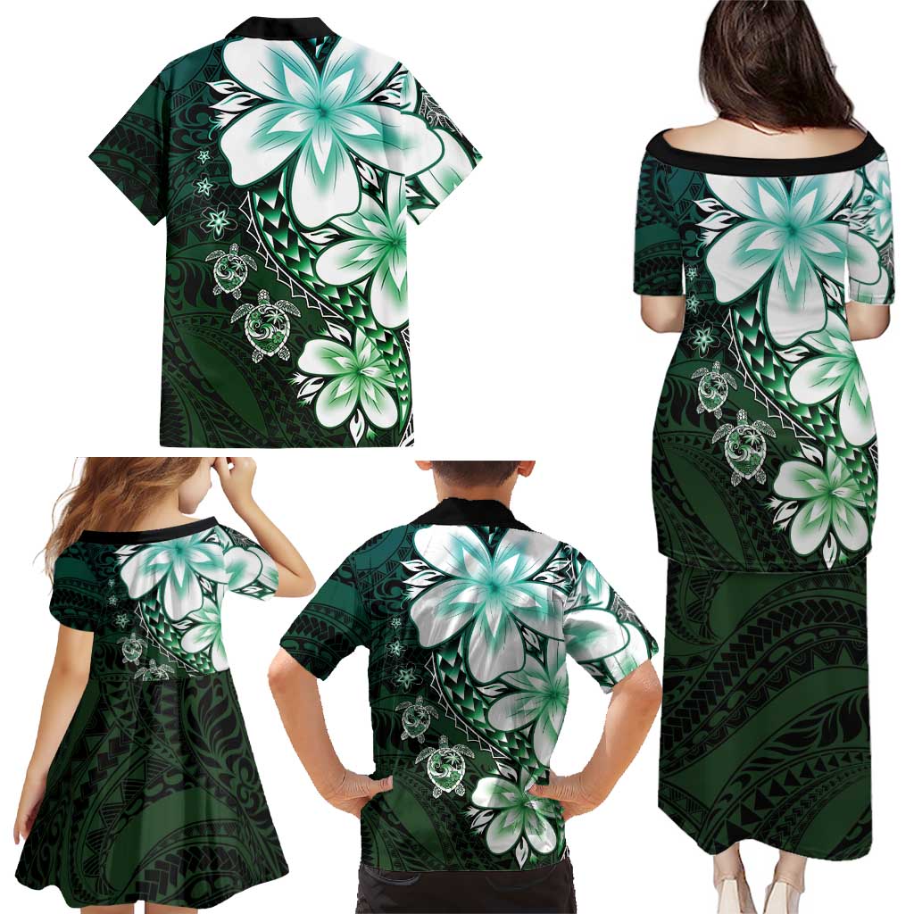 Polynesia Romantic Valentine Family Matching Puletasi and Hawaiian Shirt Sea Turtle Couple With Aqua Gradient Plumeria