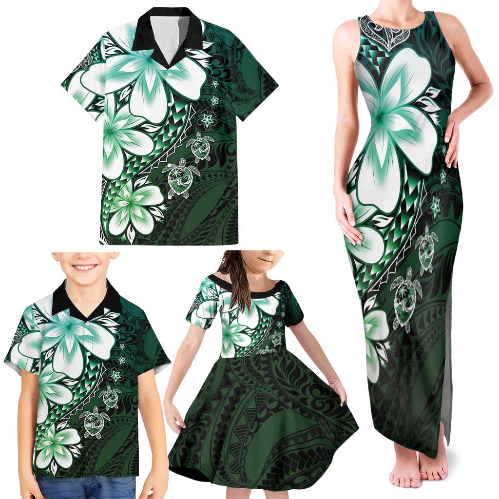 Polynesia Romantic Valentine Family Matching Tank Maxi Dress and Hawaiian Shirt Sea Turtle Couple With Aqua Gradient Plumeria