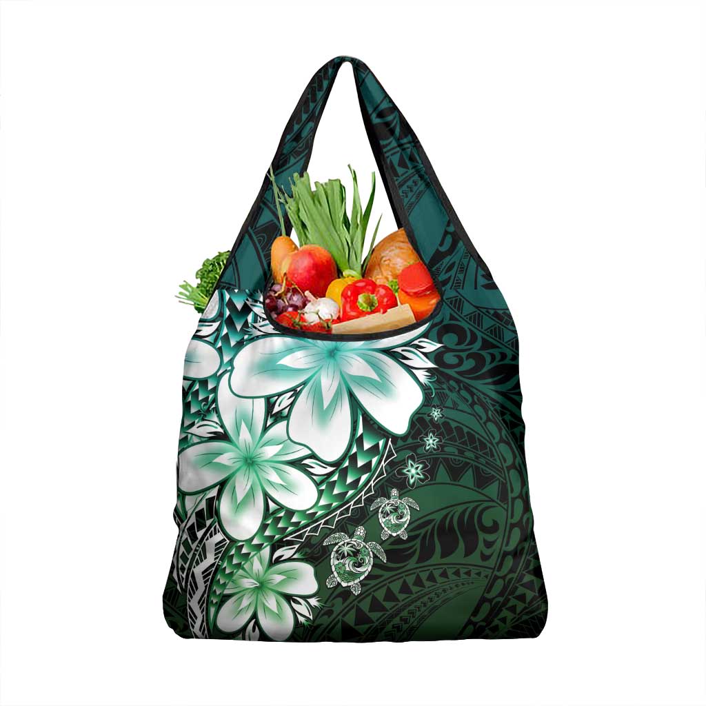 Polynesia Romantic Valentine Grocery Bag Sea Turtle Couple With Aqua Gradient Plumeria