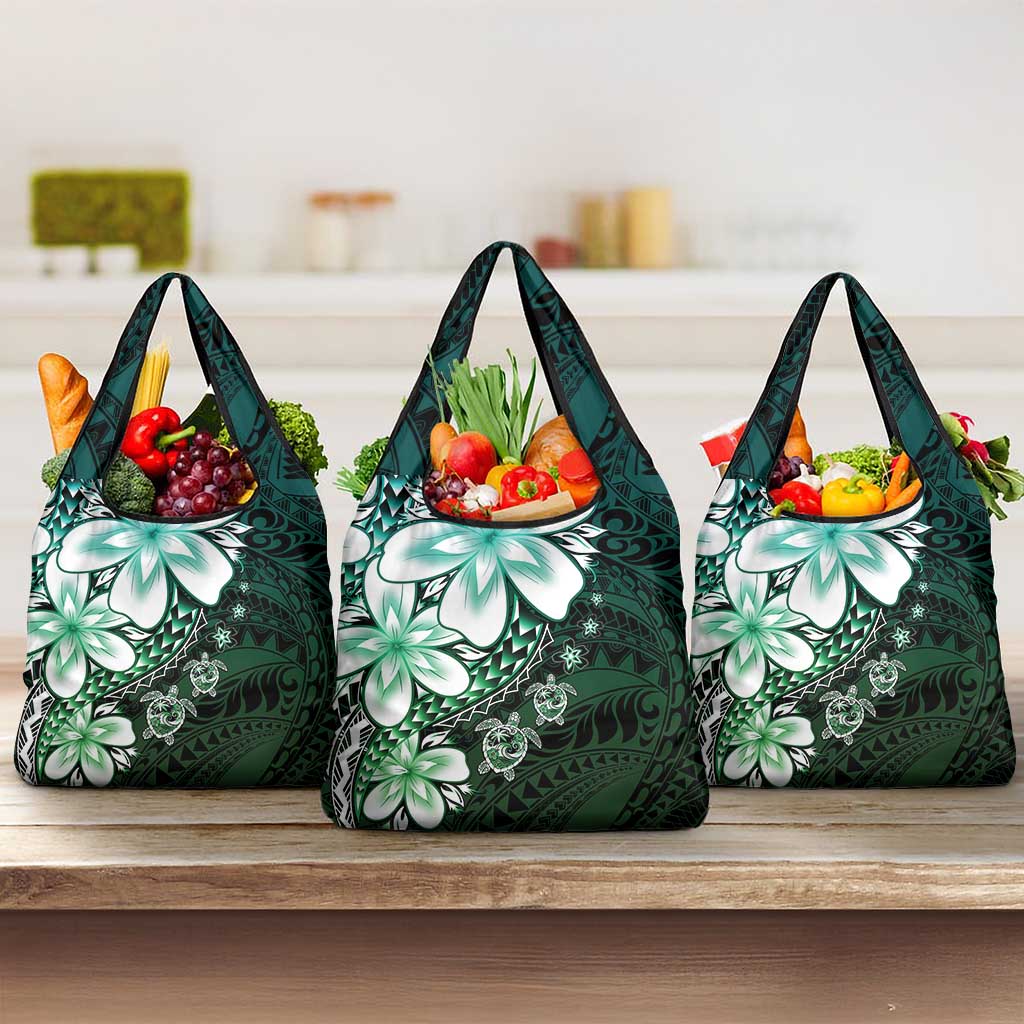 Polynesia Romantic Valentine Grocery Bag Sea Turtle Couple With Aqua Gradient Plumeria