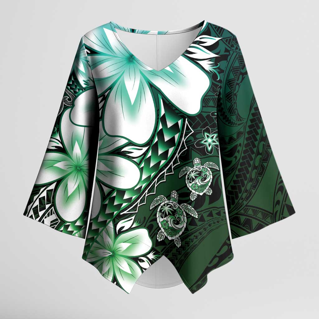 Polynesia Romantic Valentine Kimono Sleeve Blouse Sea Turtle Couple With Aqua Gradient Plumeria