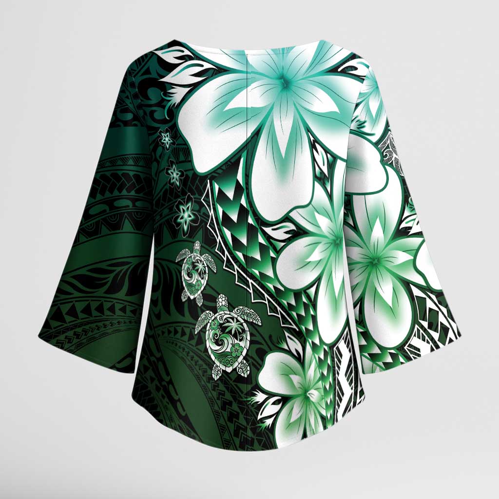 Polynesia Romantic Valentine Kimono Sleeve Blouse Sea Turtle Couple With Aqua Gradient Plumeria