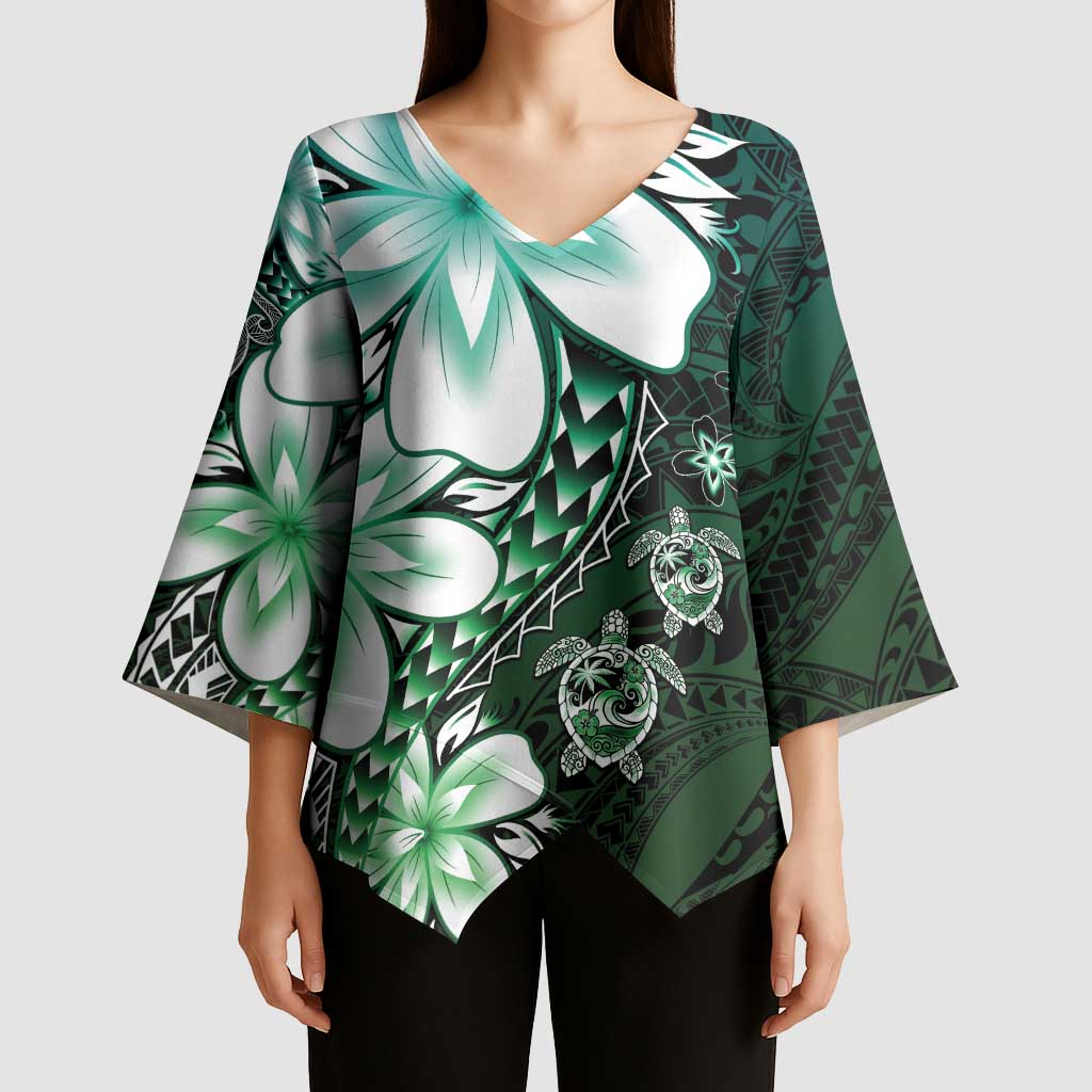 Polynesia Romantic Valentine Kimono Sleeve Blouse Sea Turtle Couple With Aqua Gradient Plumeria