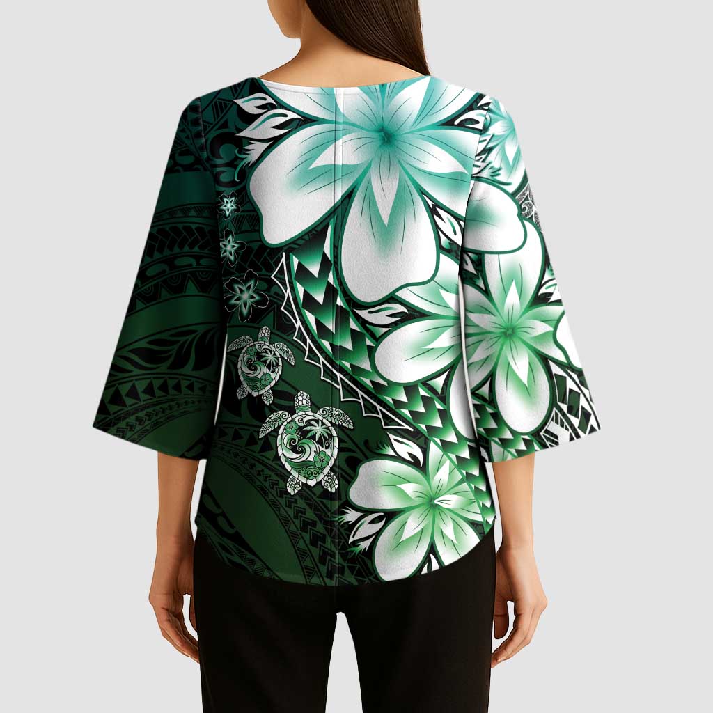 Polynesia Romantic Valentine Kimono Sleeve Blouse Sea Turtle Couple With Aqua Gradient Plumeria