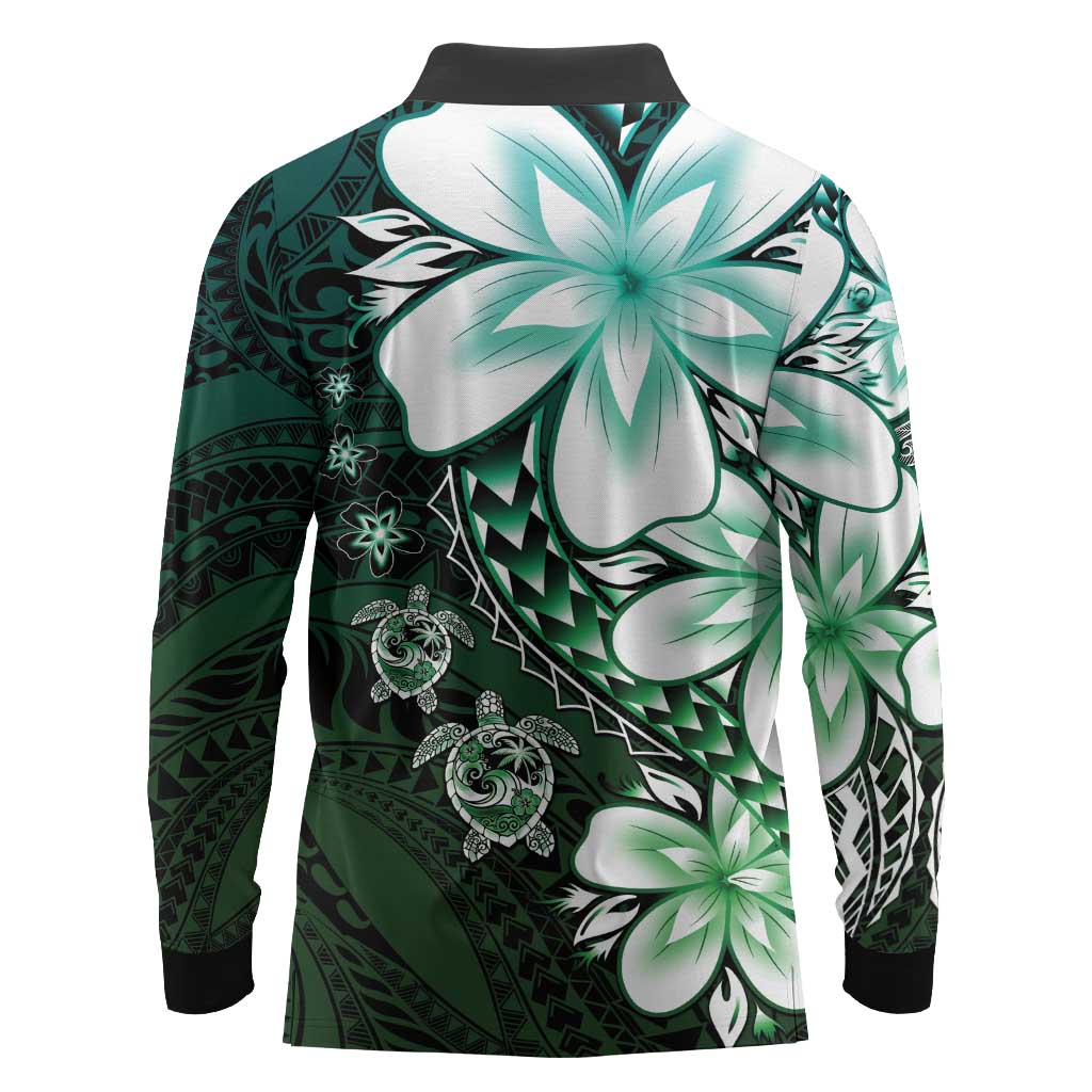 Polynesia Romantic Valentine Long Sleeve Polo Shirt Sea Turtle Couple With Aqua Gradient Plumeria