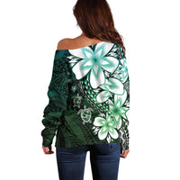Polynesia Romantic Valentine Off Shoulder Sweater Sea Turtle Couple With Aqua Gradient Plumeria