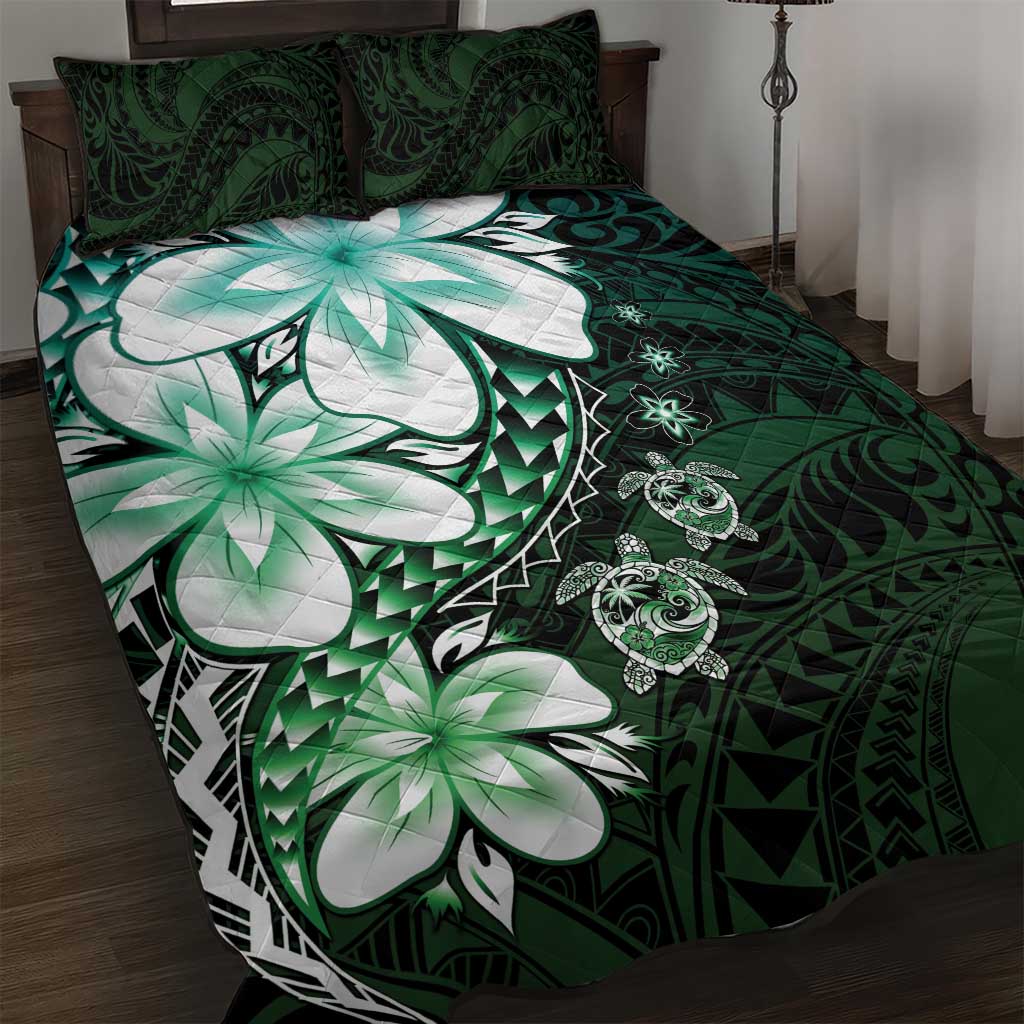 Polynesia Romantic Valentine Quilt Bed Set Sea Turtle Couple With Aqua Gradient Plumeria