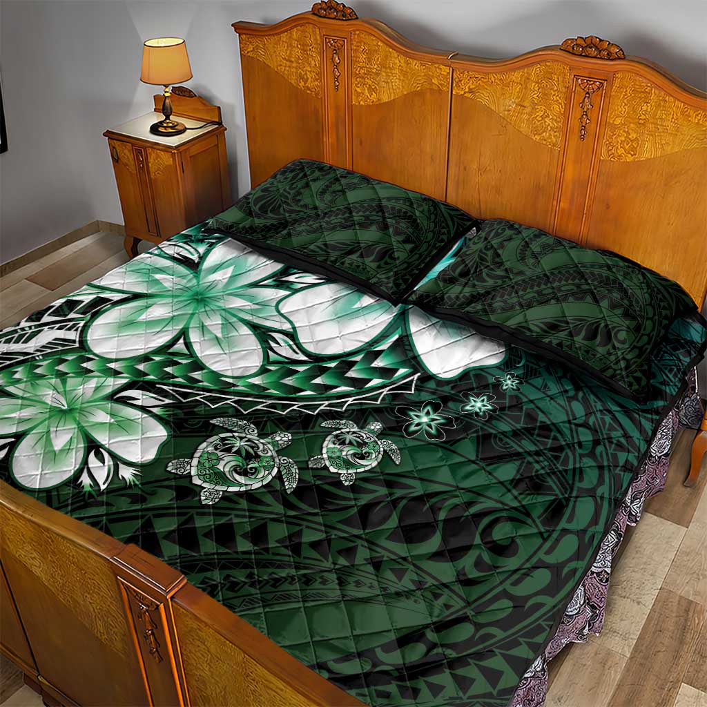 Polynesia Romantic Valentine Quilt Bed Set Sea Turtle Couple With Aqua Gradient Plumeria