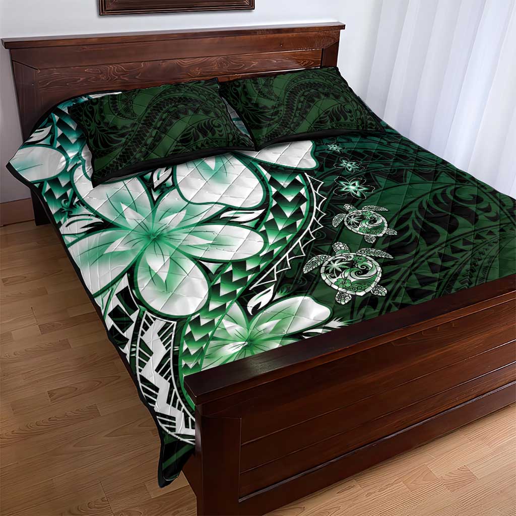 Polynesia Romantic Valentine Quilt Bed Set Sea Turtle Couple With Aqua Gradient Plumeria