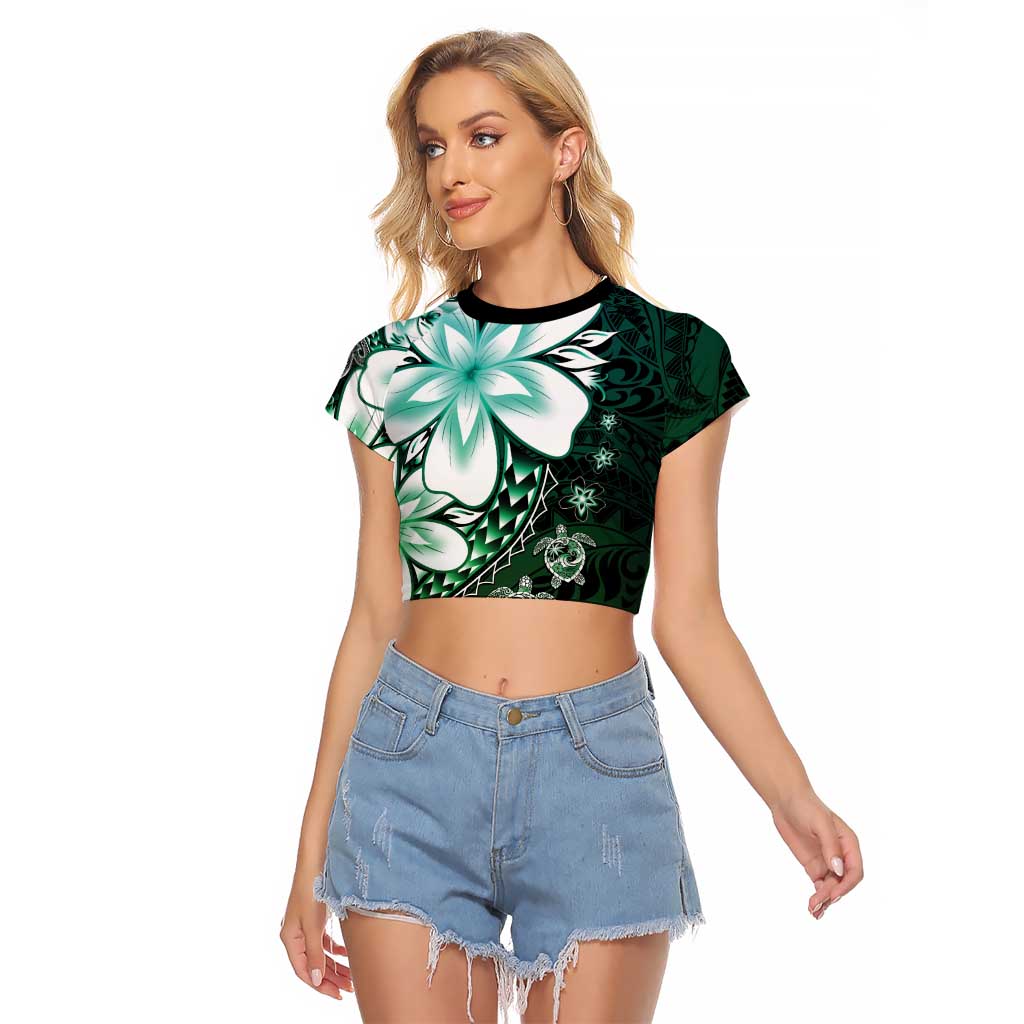 Polynesia Romantic Valentine Raglan Cropped T Shirt Sea Turtle Couple With Aqua Gradient Plumeria
