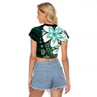 Polynesia Romantic Valentine Raglan Cropped T Shirt Sea Turtle Couple With Aqua Gradient Plumeria
