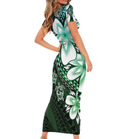 Polynesia Romantic Valentine Short Sleeve Bodycon Dress Sea Turtle Couple With Aqua Gradient Plumeria