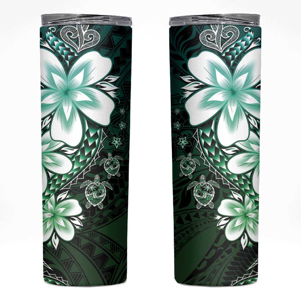 Polynesia Romantic Valentine Skinny Tumbler Sea Turtle Couple With Aqua Gradient Plumeria