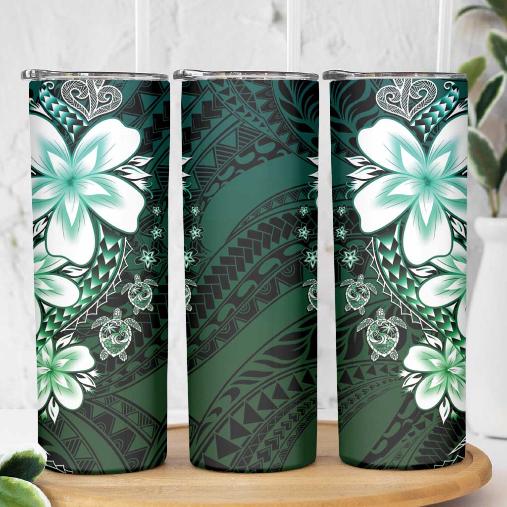 Polynesia Romantic Valentine Skinny Tumbler Sea Turtle Couple With Aqua Gradient Plumeria
