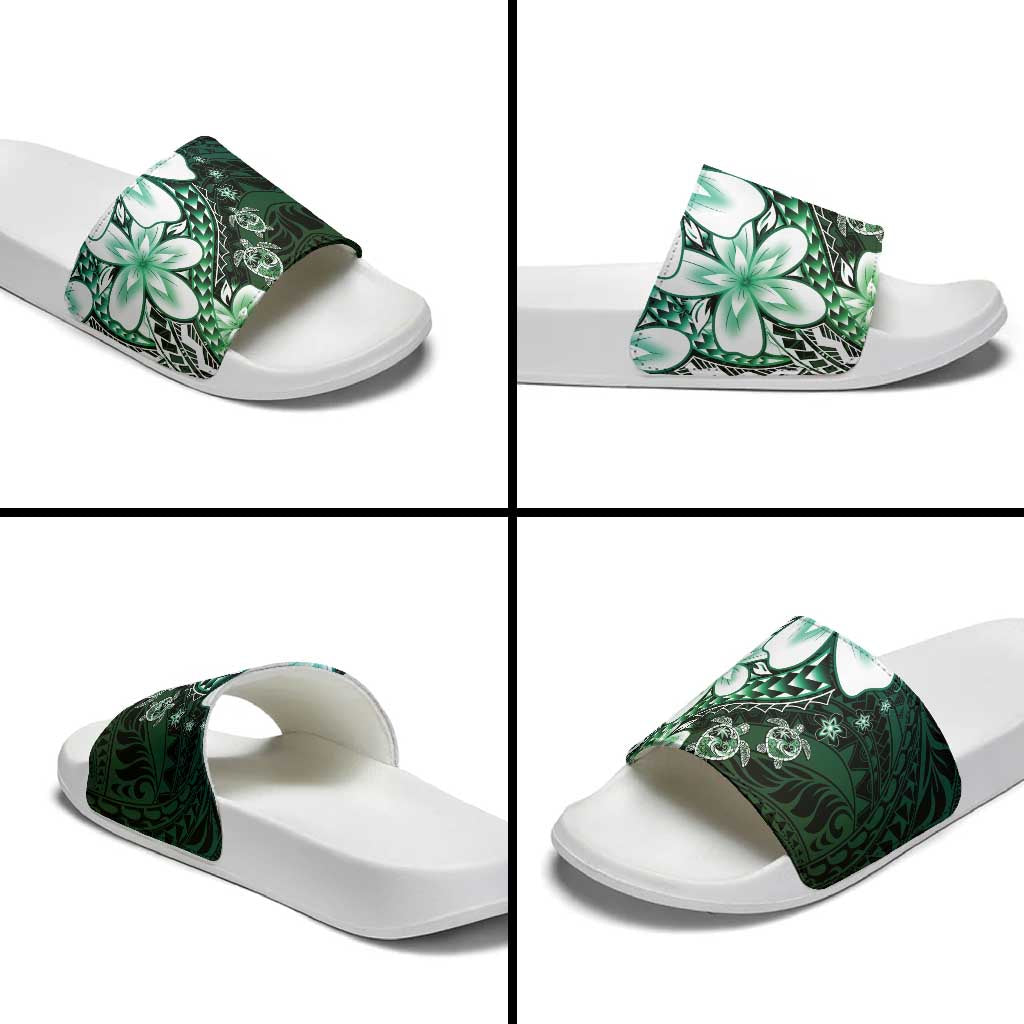 Polynesia Romantic Valentine Slide Sandals Sea Turtle Couple With Aqua Gradient Plumeria