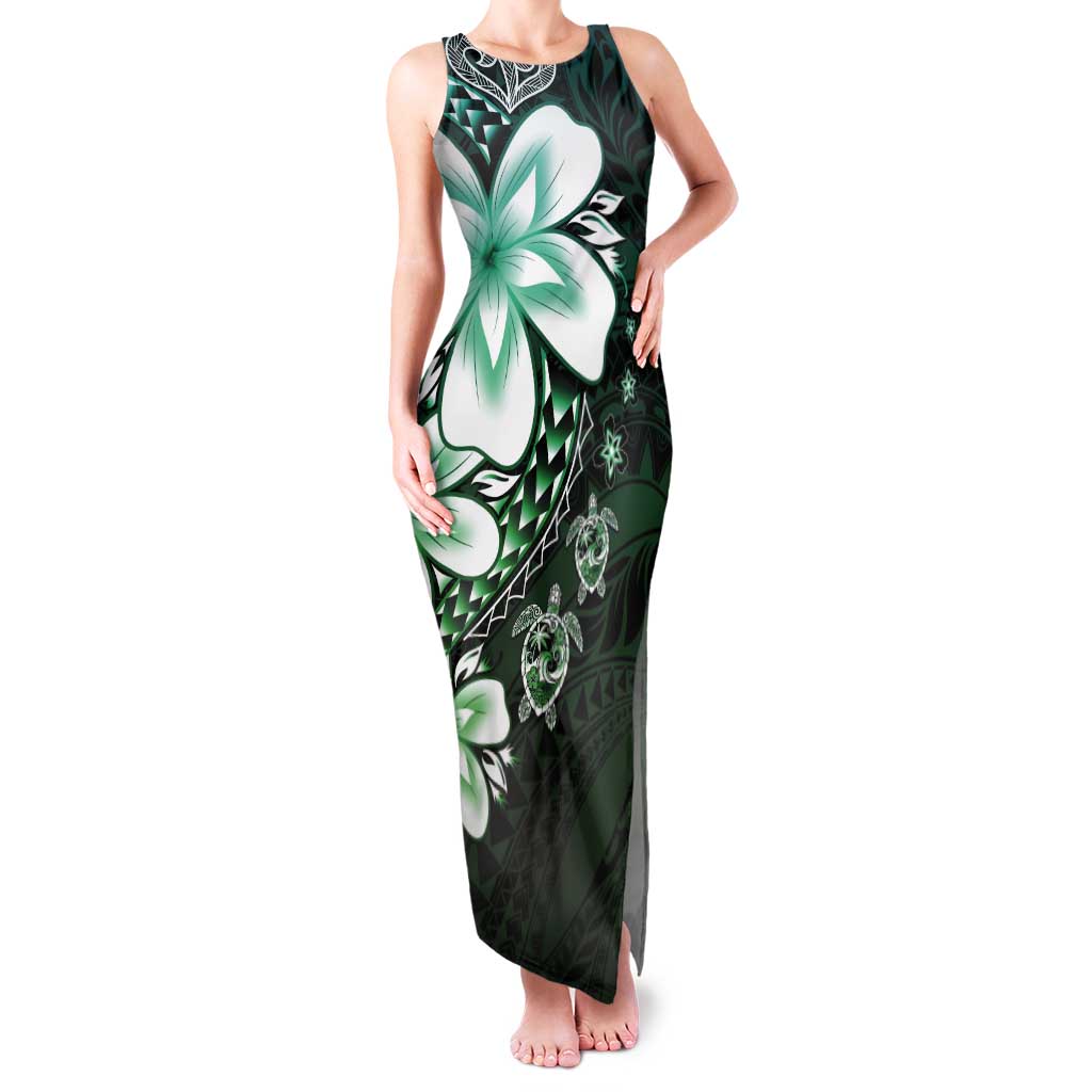 Polynesia Romantic Valentine Tank Maxi Dress Sea Turtle Couple With Aqua Gradient Plumeria