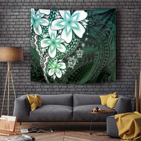 Polynesia Romantic Valentine Tapestry Sea Turtle Couple With Aqua Gradient Plumeria