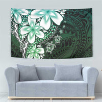 Polynesia Romantic Valentine Tapestry Sea Turtle Couple With Aqua Gradient Plumeria