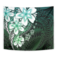 Polynesia Romantic Valentine Tapestry Sea Turtle Couple With Aqua Gradient Plumeria