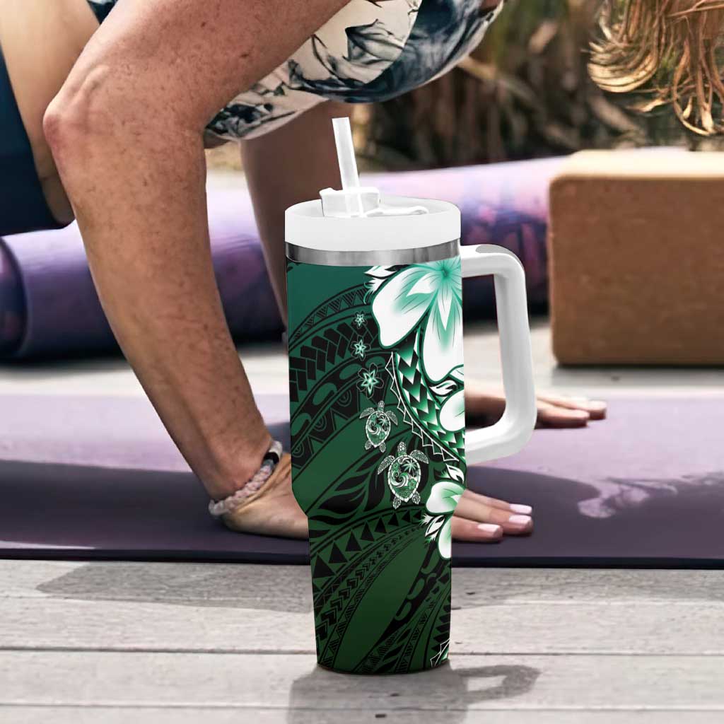 Polynesia Romantic Valentine Tumbler With Handle Sea Turtle Couple With Aqua Gradient Plumeria