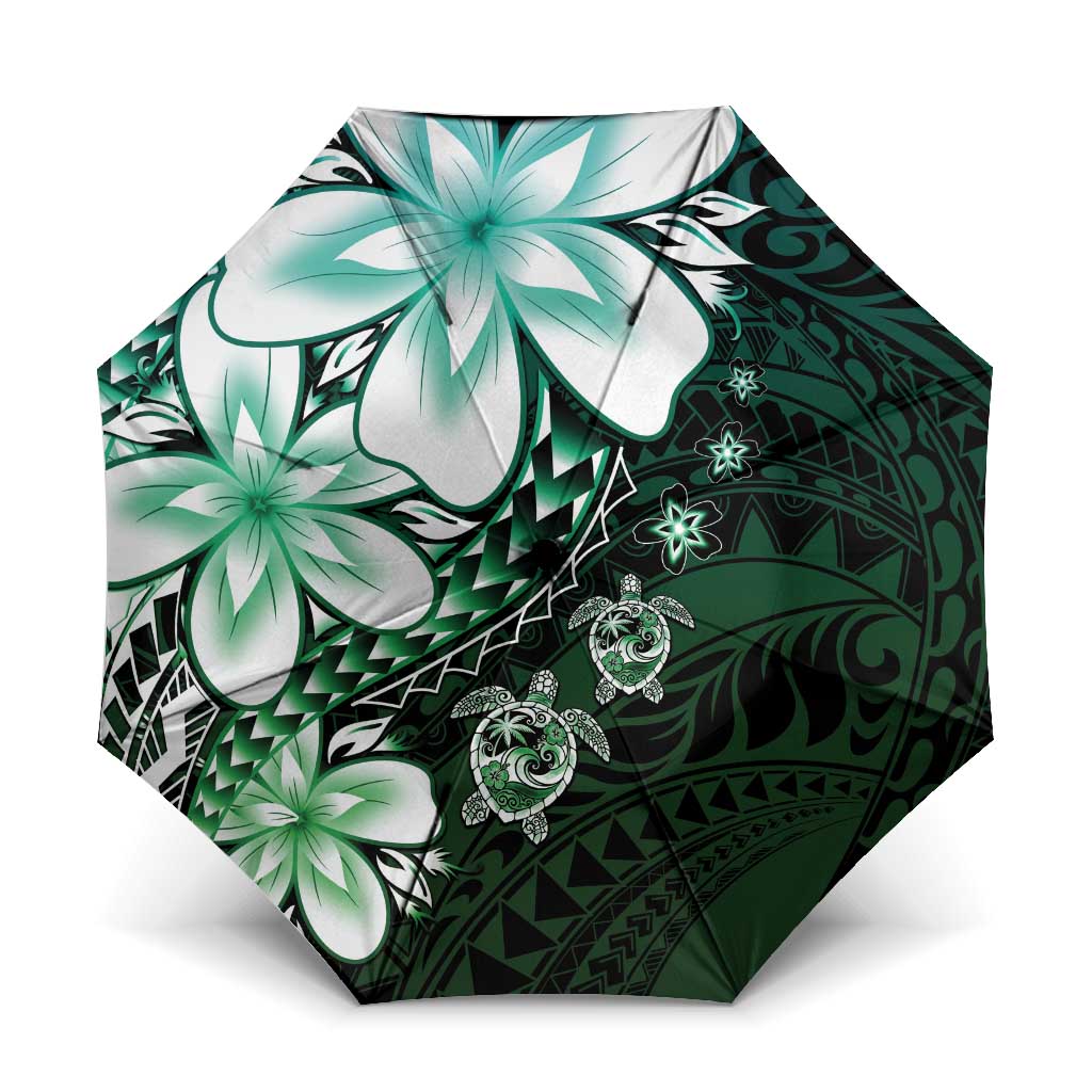 Polynesia Romantic Valentine Umbrella Sea Turtle Couple With Aqua Gradient Plumeria