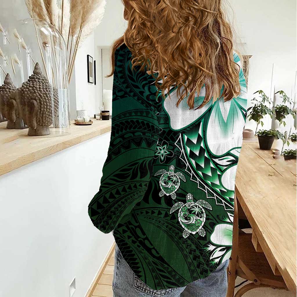 Polynesia Romantic Valentine Women Casual Shirt Sea Turtle Couple With Aqua Gradient Plumeria