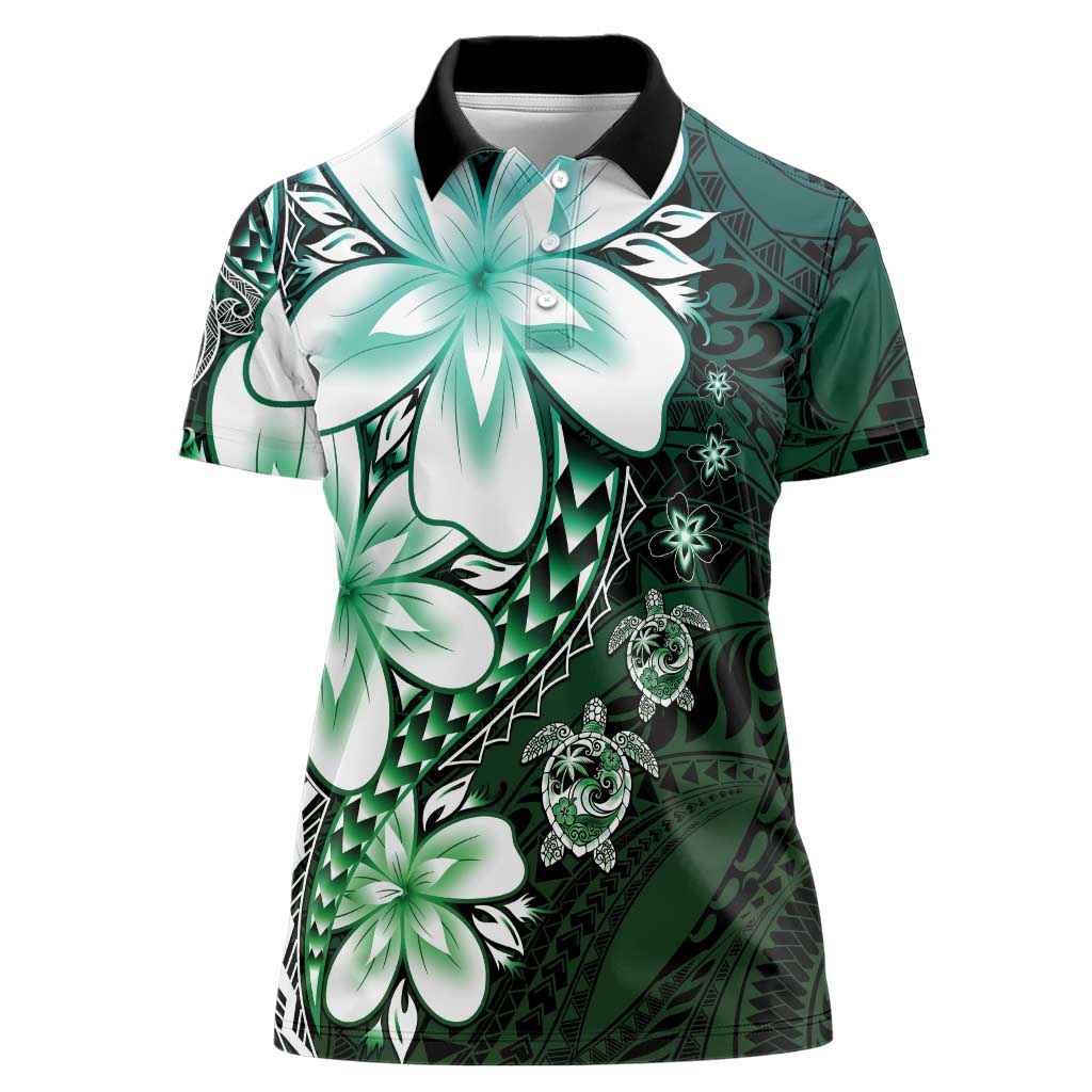 Polynesia Romantic Valentine Women Polo Shirt Sea Turtle Couple With Aqua Gradient Plumeria
