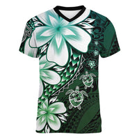 Polynesia Romantic Valentine Women V-Neck T-Shirt Sea Turtle Couple With Aqua Gradient Plumeria