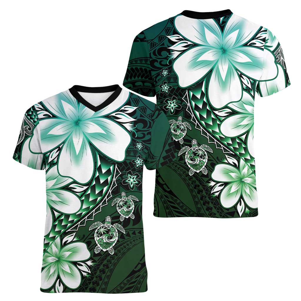 Polynesia Romantic Valentine Women V-Neck T-Shirt Sea Turtle Couple With Aqua Gradient Plumeria