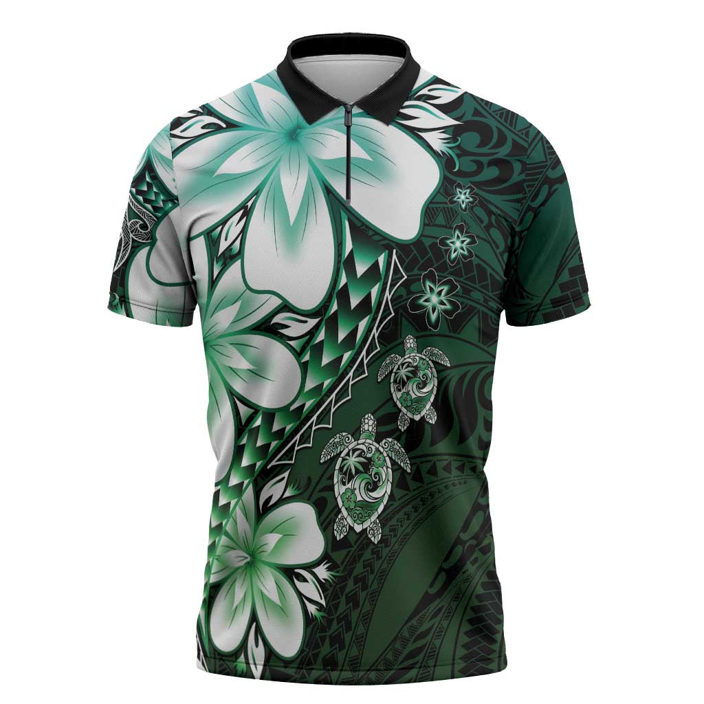 Polynesia Romantic Valentine Zipper Polo Shirt Sea Turtle Couple With Aqua Gradient Plumeria