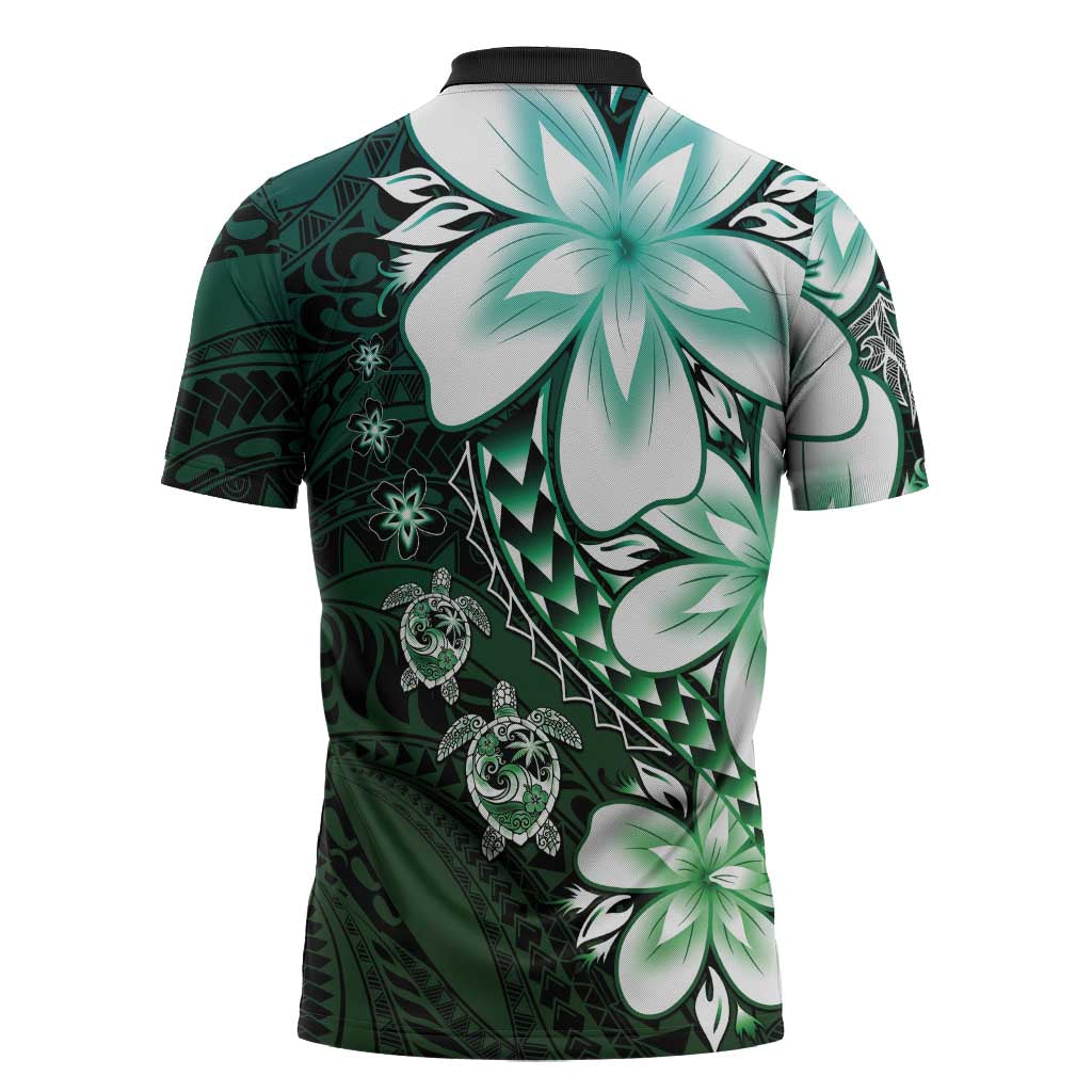 Polynesia Romantic Valentine Zipper Polo Shirt Sea Turtle Couple With Aqua Gradient Plumeria