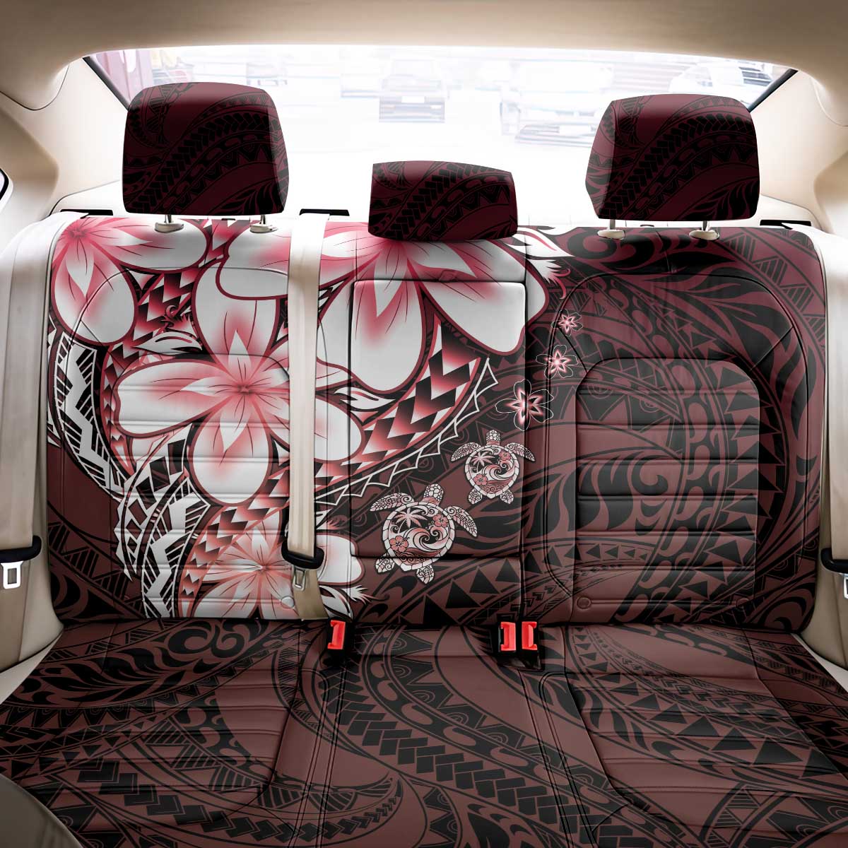 Polynesia Romantic Valentine Back Car Seat Cover Sea Turtle Couple With Red Gradient Plumeria