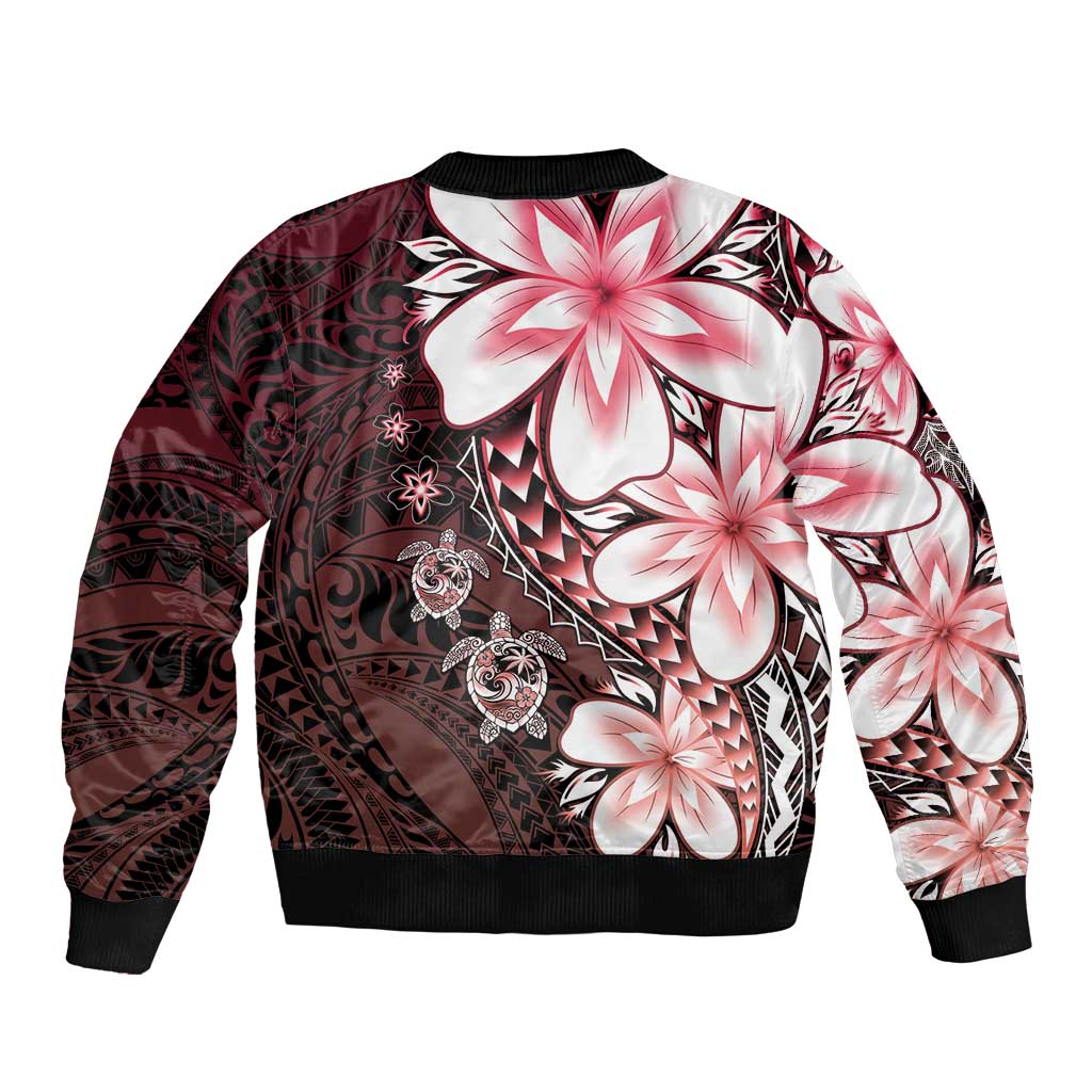 Polynesia Romantic Valentine Bomber Jacket Sea Turtle Couple With Red Gradient Plumeria