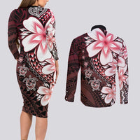 Polynesia Romantic Valentine Couples Matching Long Sleeve Bodycon Dress and Long Sleeve Button Shirt Sea Turtle Couple With Red Gradient Plumeria