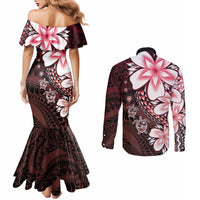 Polynesia Romantic Valentine Couples Matching Mermaid Dress and Long Sleeve Button Shirt Sea Turtle Couple With Red Gradient Plumeria