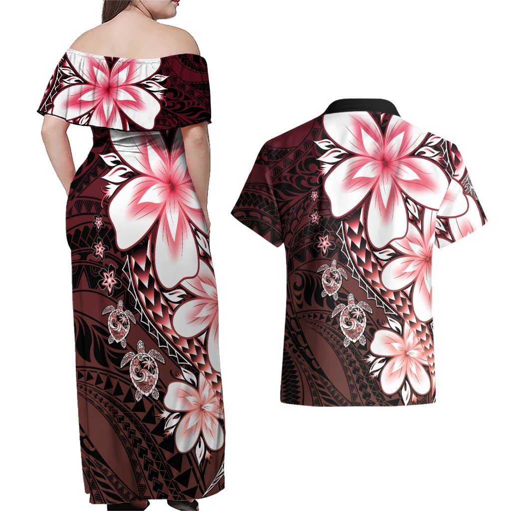 Polynesia Romantic Valentine Couples Matching Off Shoulder Maxi Dress and Hawaiian Shirt Sea Turtle Couple With Red Gradient Plumeria