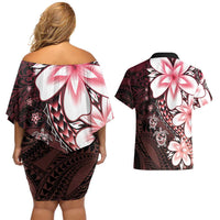 Polynesia Romantic Valentine Couples Matching Off Shoulder Short Dress and Hawaiian Shirt Sea Turtle Couple With Red Gradient Plumeria