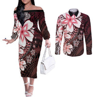 Polynesia Romantic Valentine Couples Matching Off The Shoulder Long Sleeve Dress and Long Sleeve Button Shirt Sea Turtle Couple With Red Gradient Plumeria