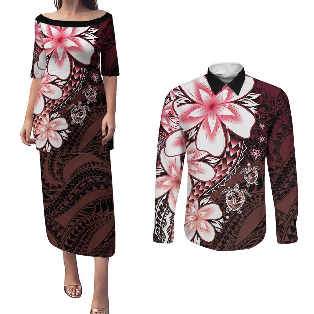 Polynesia Romantic Valentine Couples Matching Puletasi and Long Sleeve Button Shirt Sea Turtle Couple With Red Gradient Plumeria