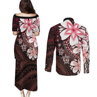 Polynesia Romantic Valentine Couples Matching Puletasi and Long Sleeve Button Shirt Sea Turtle Couple With Red Gradient Plumeria