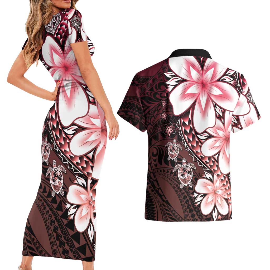 Polynesia Romantic Valentine Couples Matching Short Sleeve Bodycon Dress and Hawaiian Shirt Sea Turtle Couple With Red Gradient Plumeria