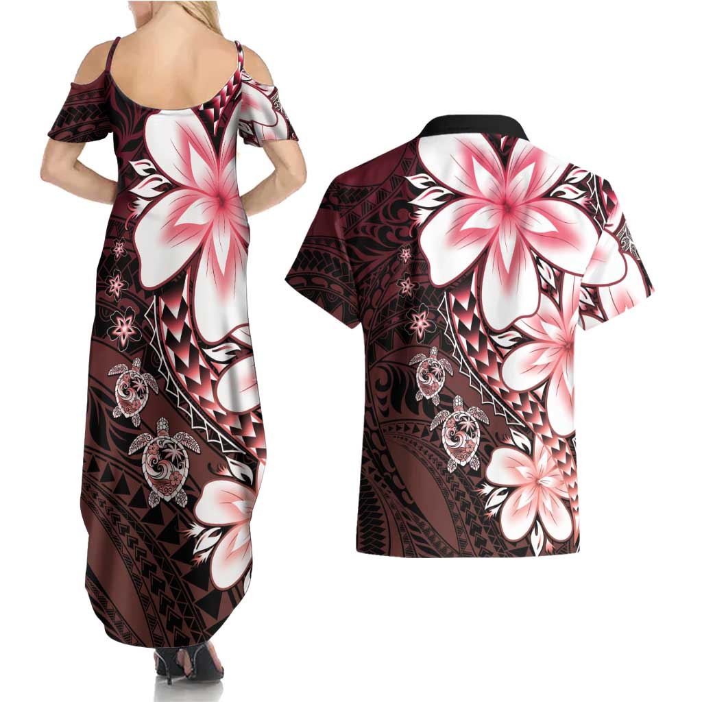 Polynesia Romantic Valentine Couples Matching Summer Maxi Dress and Hawaiian Shirt Sea Turtle Couple With Red Gradient Plumeria