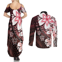 Polynesia Romantic Valentine Couples Matching Summer Maxi Dress and Long Sleeve Button Shirt Sea Turtle Couple With Red Gradient Plumeria