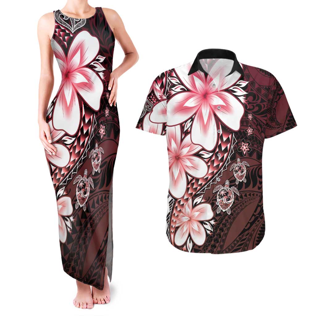 Polynesia Romantic Valentine Couples Matching Tank Maxi Dress and Hawaiian Shirt Sea Turtle Couple With Red Gradient Plumeria