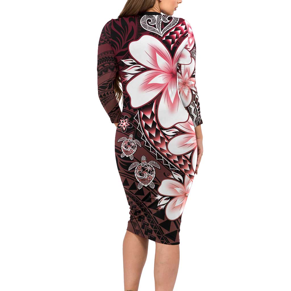 Polynesia Romantic Valentine Family Matching Long Sleeve Bodycon Dress and Hawaiian Shirt Sea Turtle Couple With Red Gradient Plumeria LT05 - Polynesian Pride