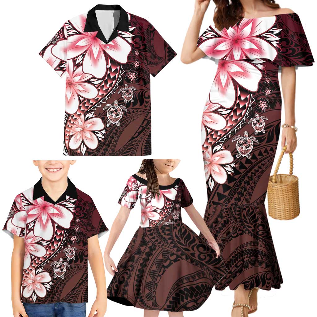 Polynesia Romantic Valentine Family Matching Mermaid Dress and Hawaiian Shirt Sea Turtle Couple With Red Gradient Plumeria