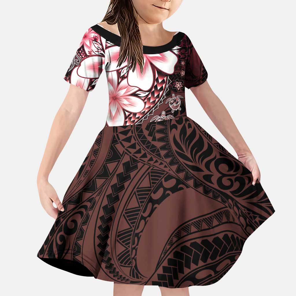 Polynesia Romantic Valentine Family Matching Off The Shoulder Long Sleeve Dress and Hawaiian Shirt Sea Turtle Couple With Red Gradient Plumeria LT05 Daughter's Dress Red - Polynesian Pride
