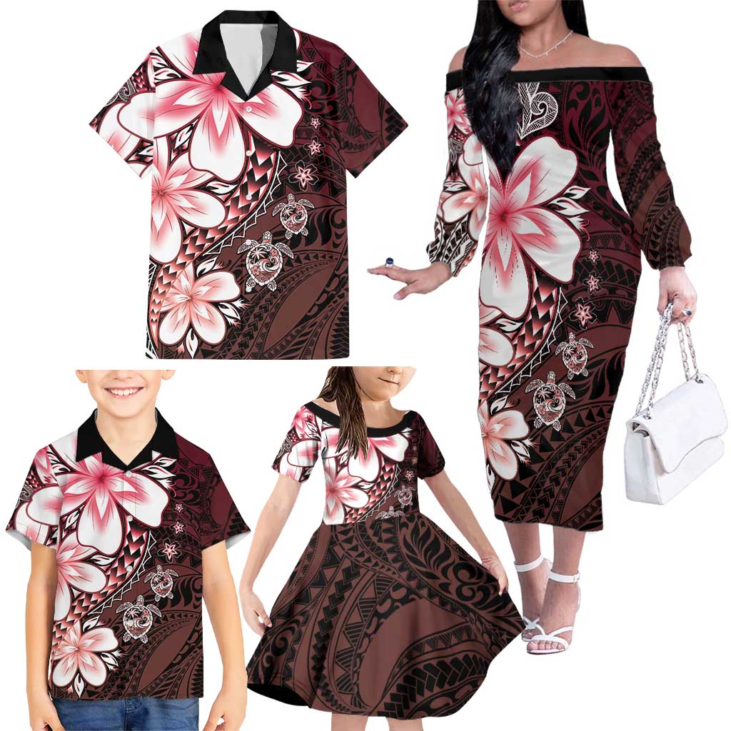 Polynesia Romantic Valentine Family Matching Off The Shoulder Long Sleeve Dress and Hawaiian Shirt Sea Turtle Couple With Red Gradient Plumeria LT05 - Polynesian Pride